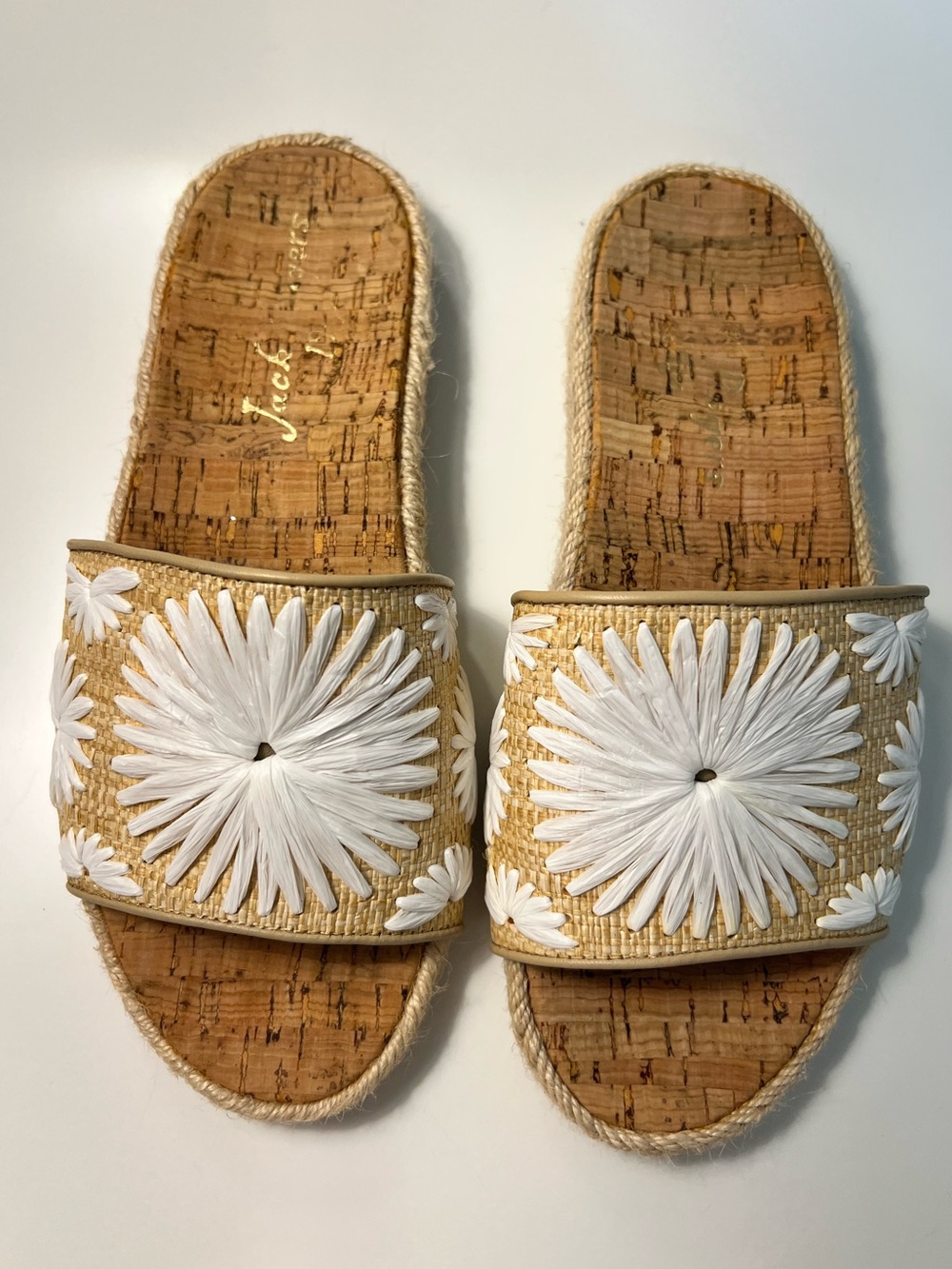 Jack Rogers Natural Tan Slide Sandals with White Floral Embroidery